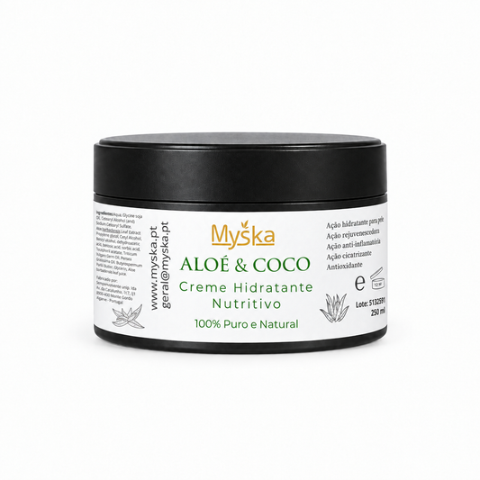 Creme corporal hidratante Aloé & Coco Myska, 250 ml, em pote preto com rótulo branco, sobre fundo branco.