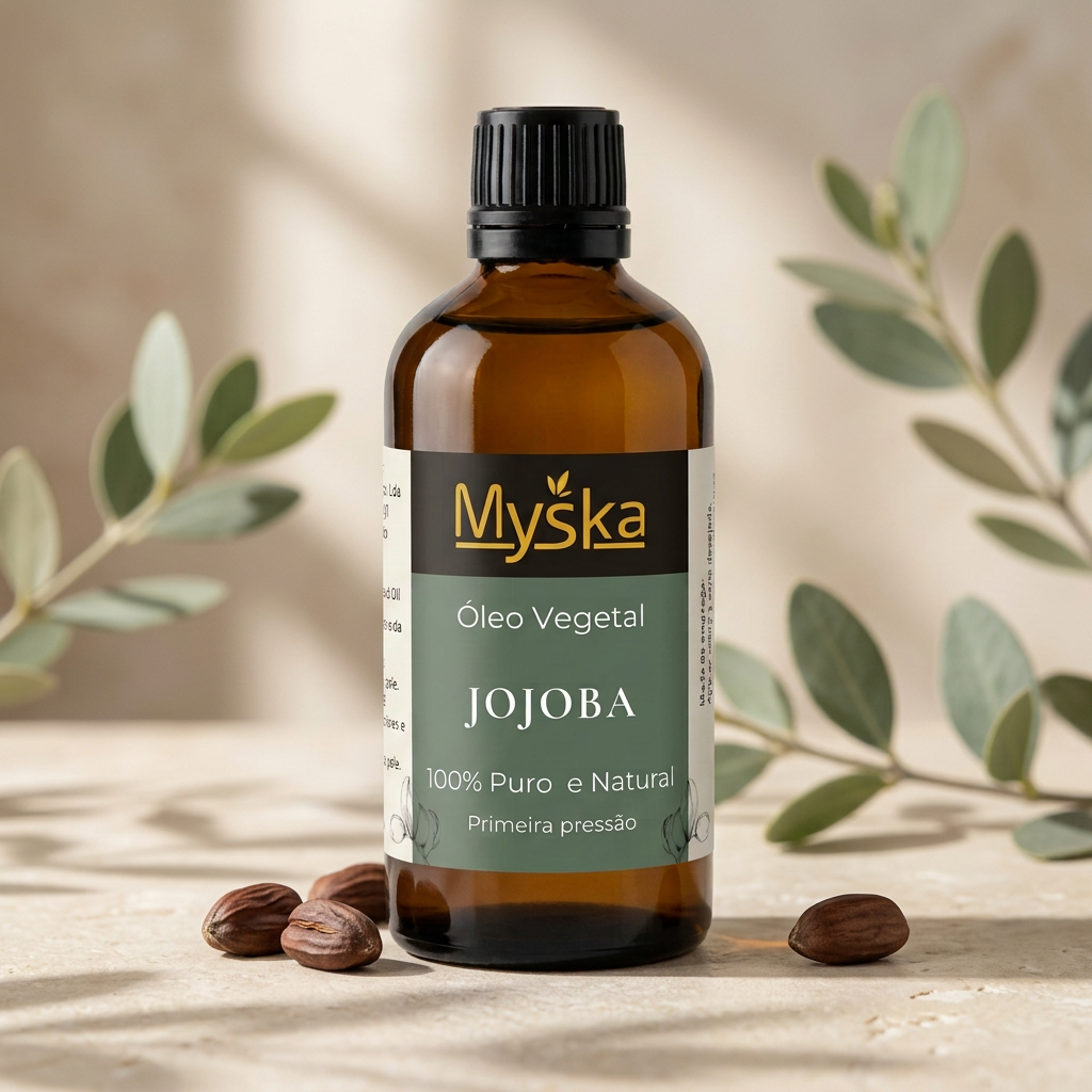 Óleo de Jojoba Myska num ambiente natural com sementes de jojoba