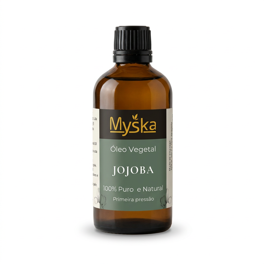 Óleo de Jojoba Myska em frasco âmbar com rótulo verde sobre fundo branco